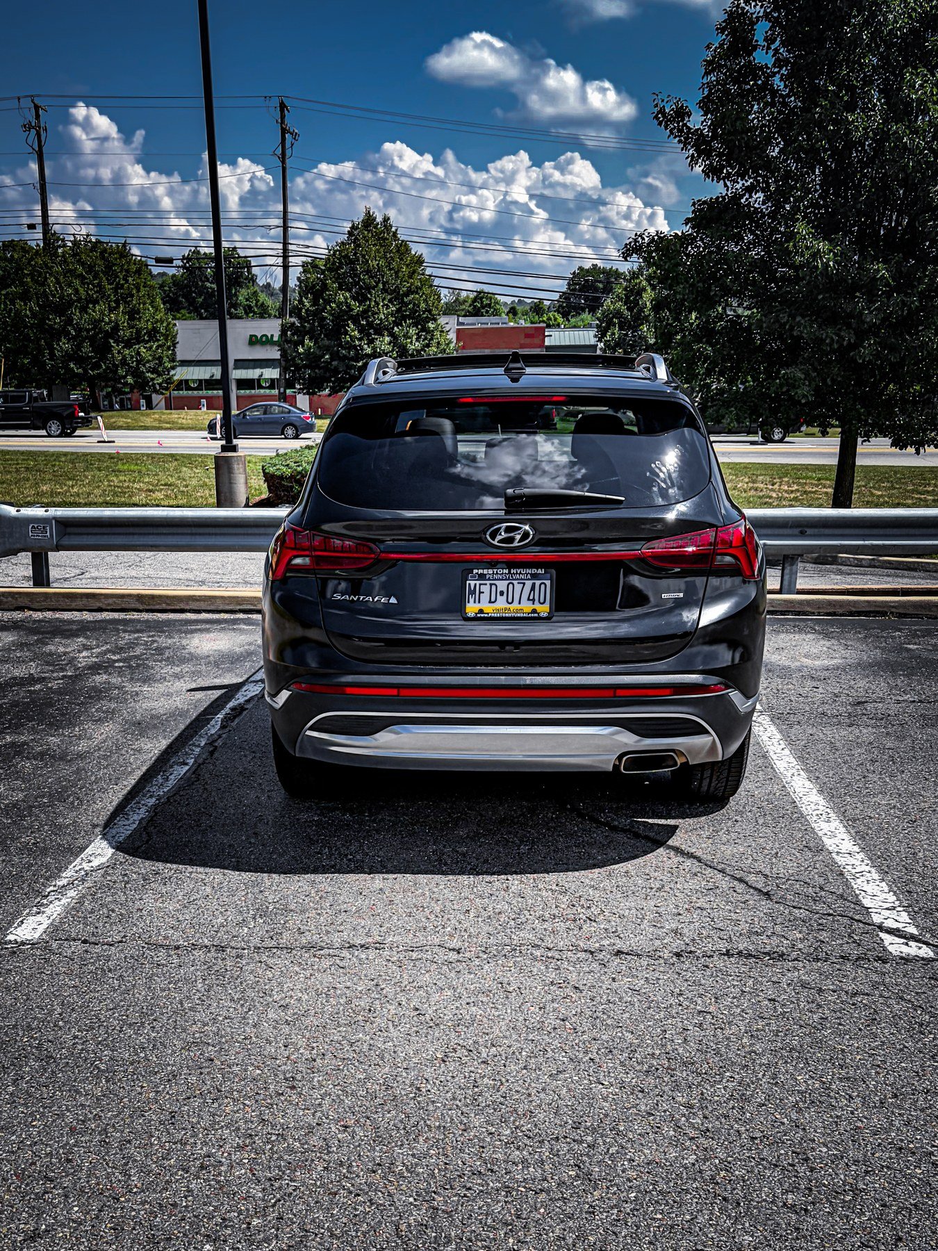 Rear view of the black Hyundai Santa Fe SUV